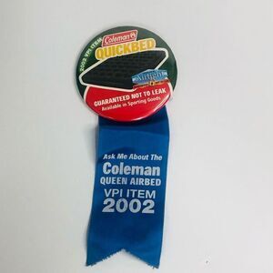 coleman quick bed pin pin back button air bed‎ badge blue ribbon advertising